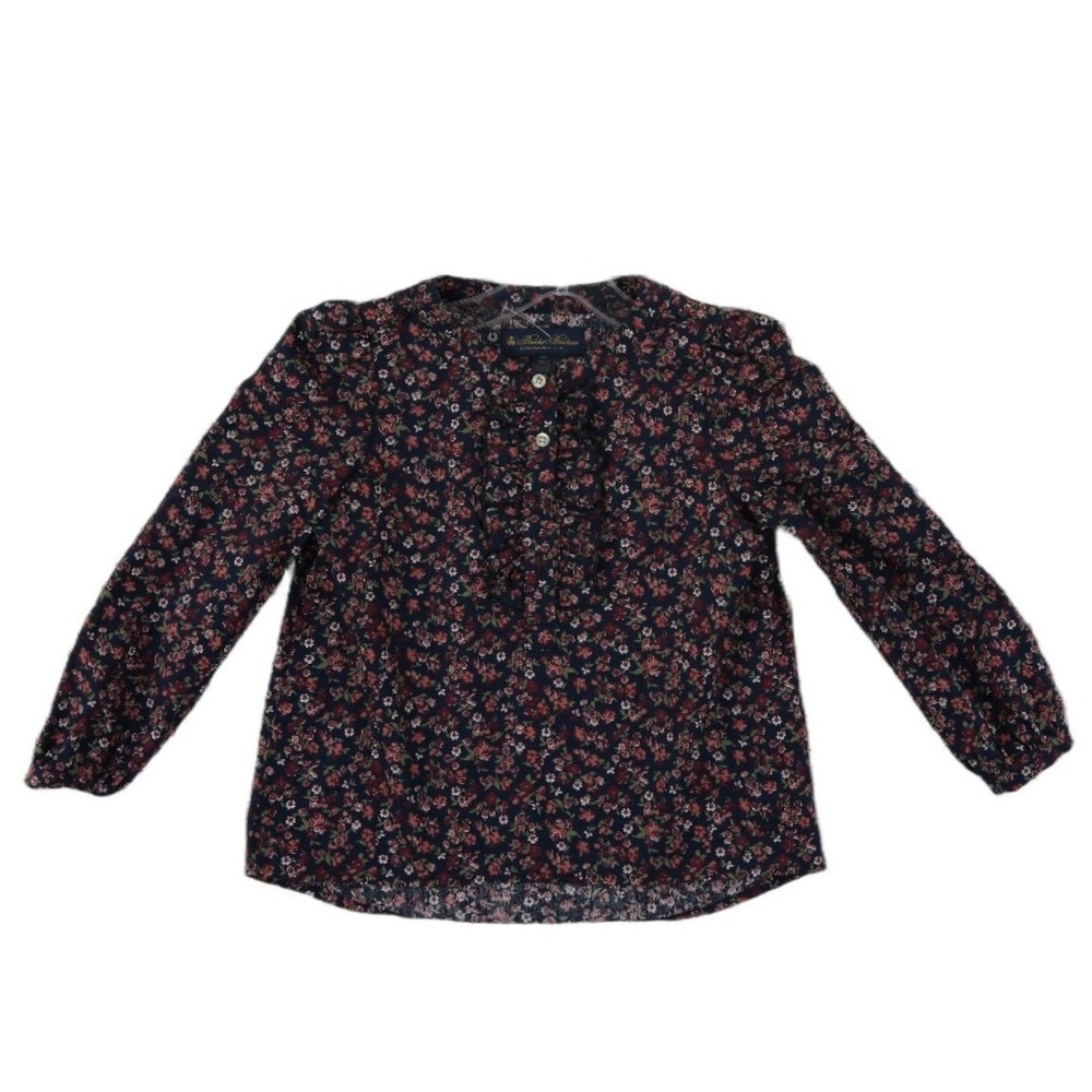 Brooks Brothers Ruffle Blouse Girl's Size 6Y Navy Blue Floral Long Sleeve Preppy